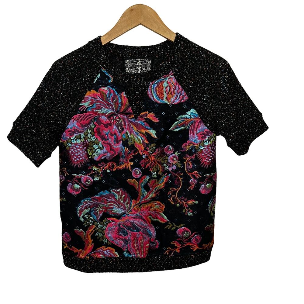 James Coviello New York Knit Top Size XS Vibrant Floral‎ Brocade Neon Metallic